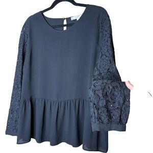 LOFT Womens Peplum Blouse Large Black Lace Sleeve Round Neck Keyhole Back